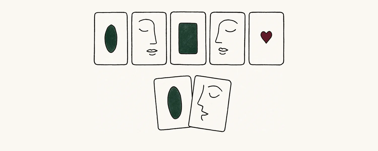 How to play Texas Hold'em — five community cards with two hole cards, line-art illustration.