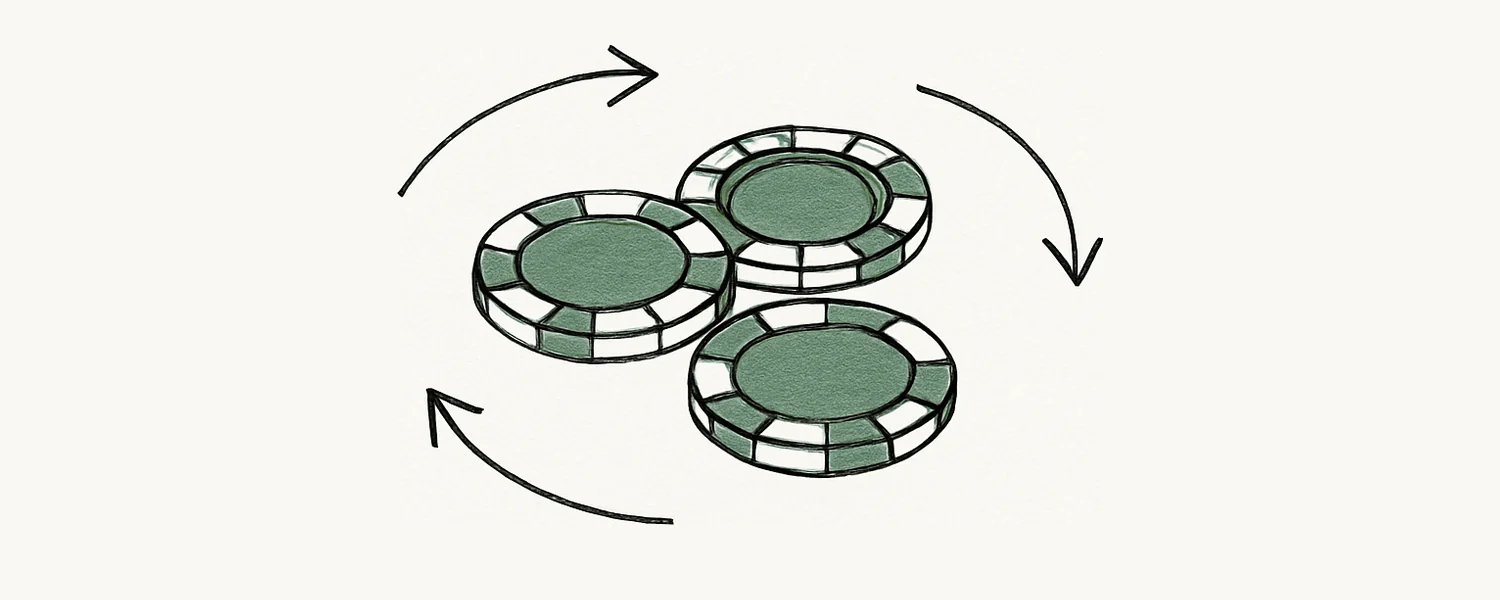 Poker betting rules — chips with check, bet, call, raise and fold action arrows.