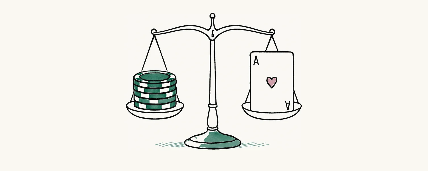 Pot odds in poker — a balance scale weighing chips against a card.